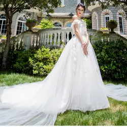 18 качественных свадебных платьев с вырезом лодочкой и аппликацией в виде поезда, королевское платье невесты, элегантное платье для брачной