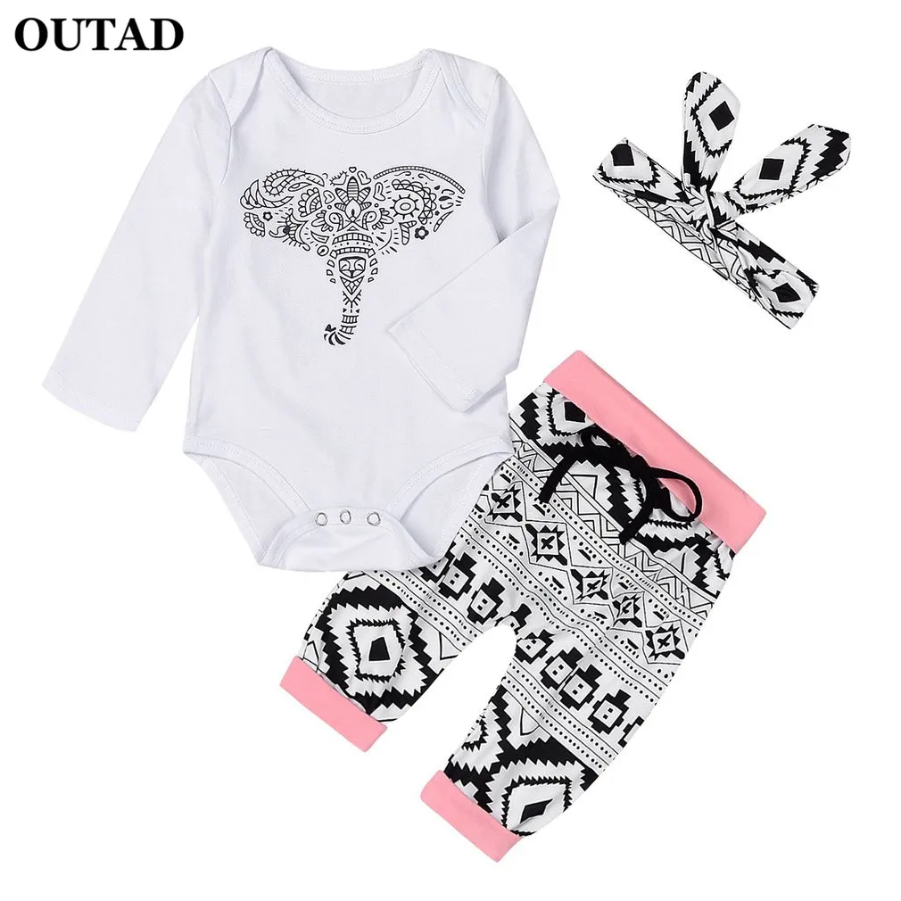 3Pcs/set 2017 Autumn Baby Girl Clothes Cute Elephant Printing Heaband Tops Bottoms Long Sleeve Tops Pants Girls Garments For Kid