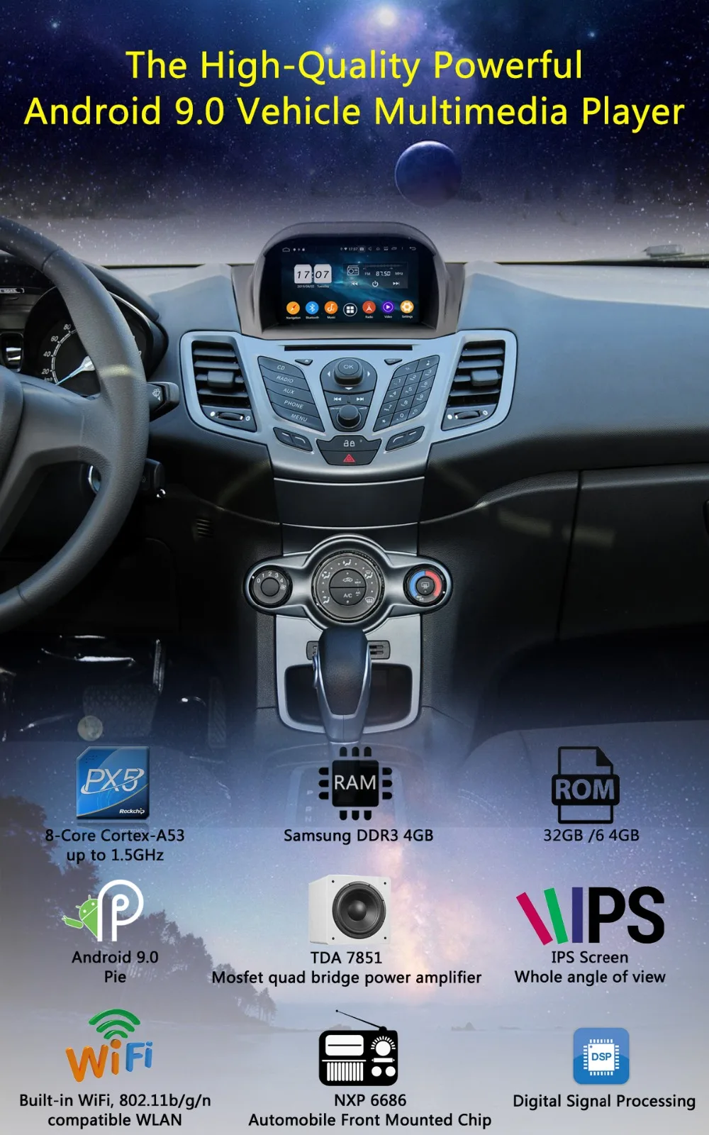 " ips 1024*600 Octa 8 ядерный 4 Гб ram+ 64 Гб rom Android 9,0 автомобильный dvd-плеер для Ford Fiesta 2011- DSP радио gps Parrot BT Adas