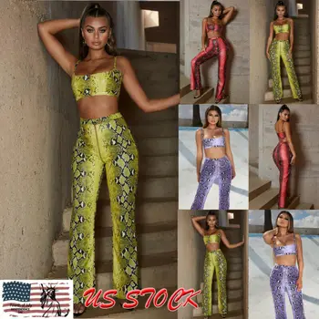 

New Hot Women Summer 2 Piece Snake Print Outfits Short Sleeve Crop Top Pants Set Casual Beach Party Long Jumpsuit Rompers US