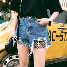 2017 summer worn burr high waist hole denim shorts women mesh stitching casual jeans shorts girl hot shorts
