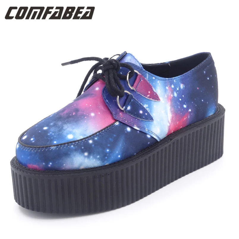 Spring Autumn HARAJUKU VIVI  Galaxy Blue Flat Creepers Platform Shoes For Woman Casual Women Punk Creeper Shoes Ladies Girls