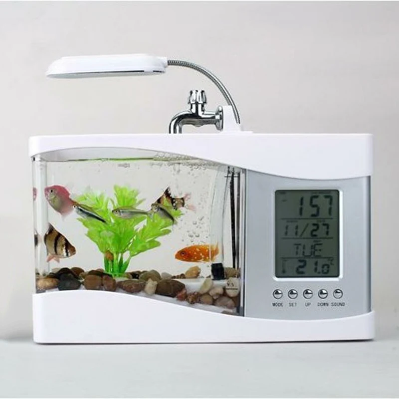 2018 Popular USB Desktop Mini Fish Tank Aquarium Glass LCD Timer Clock