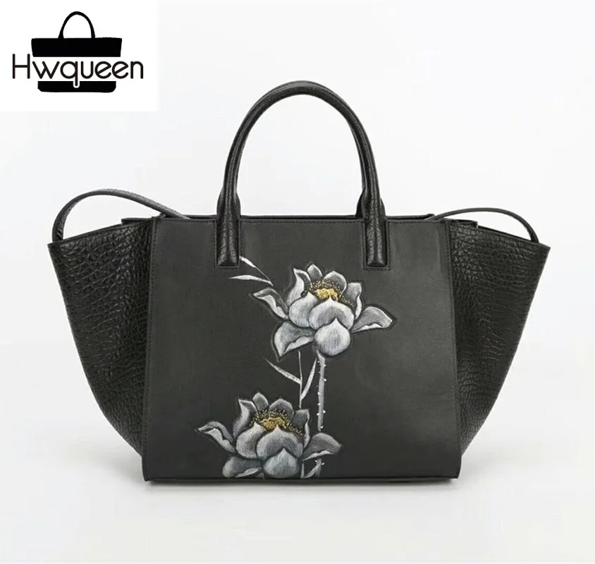

Embossing Lotus Flower Designer Women's Large Trapeze Totes Genuine Cow Leather Female Shoulder Bag Zipper Closure Lady Handbag