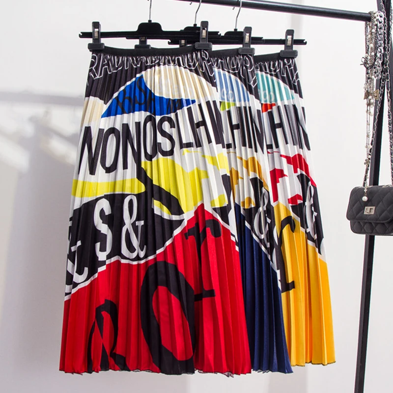 

2019 New Fashion High Waist Pleated Skirt Women Spring Summer Midi Skirts Womens Elastic Waist A Line Long Skirts For Women Rok