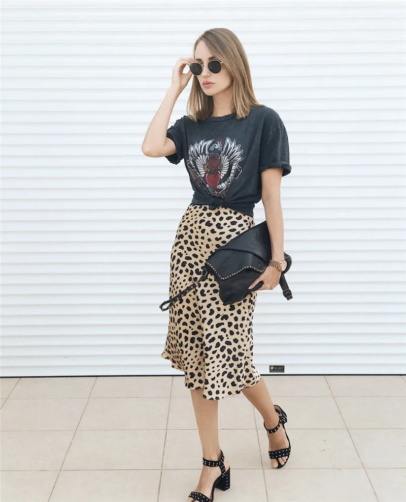 Women High Waist Leopard Hidden Elasticized Waistband Silk Satin Midi ...