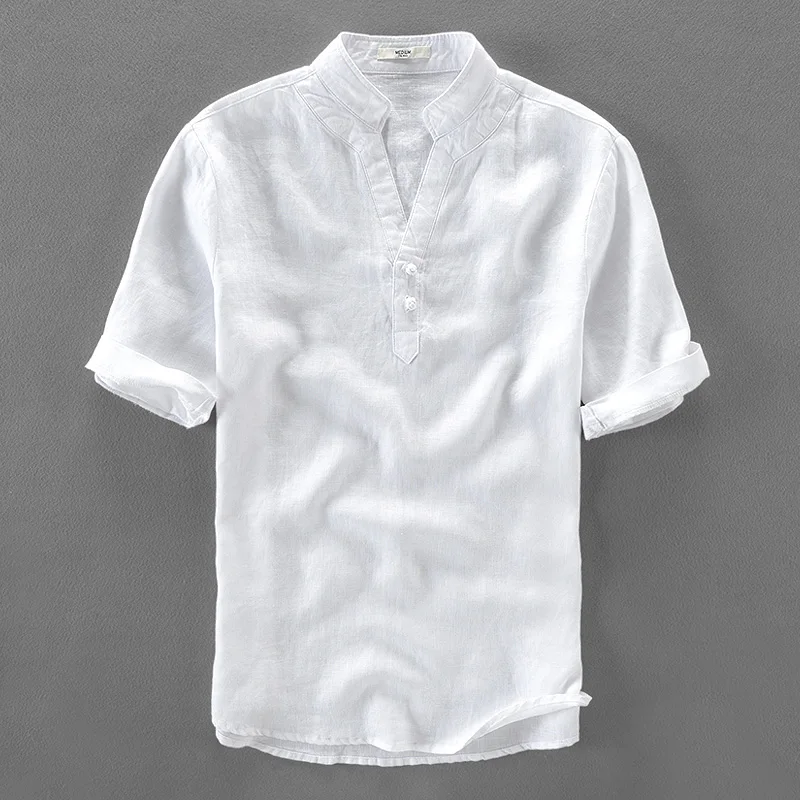 Stand collar white shirt men linen short sleeve solid shirts men flax