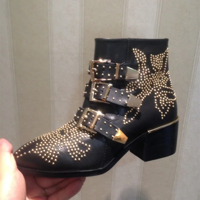 Hot Sale New Fashion Cool Women Sexy Rivets Buckle Ankle Boots High Quality Genuine Leather Med Square Heels Shoes Size 35-42