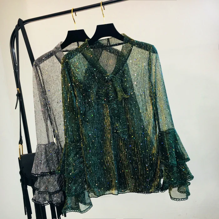 2019 Spring New Sexy Mesh Blouse Shirt with Bow Glittering Flare Sleeve Tops Ladies V-Neck Korean Fashion Clothing Shirts |