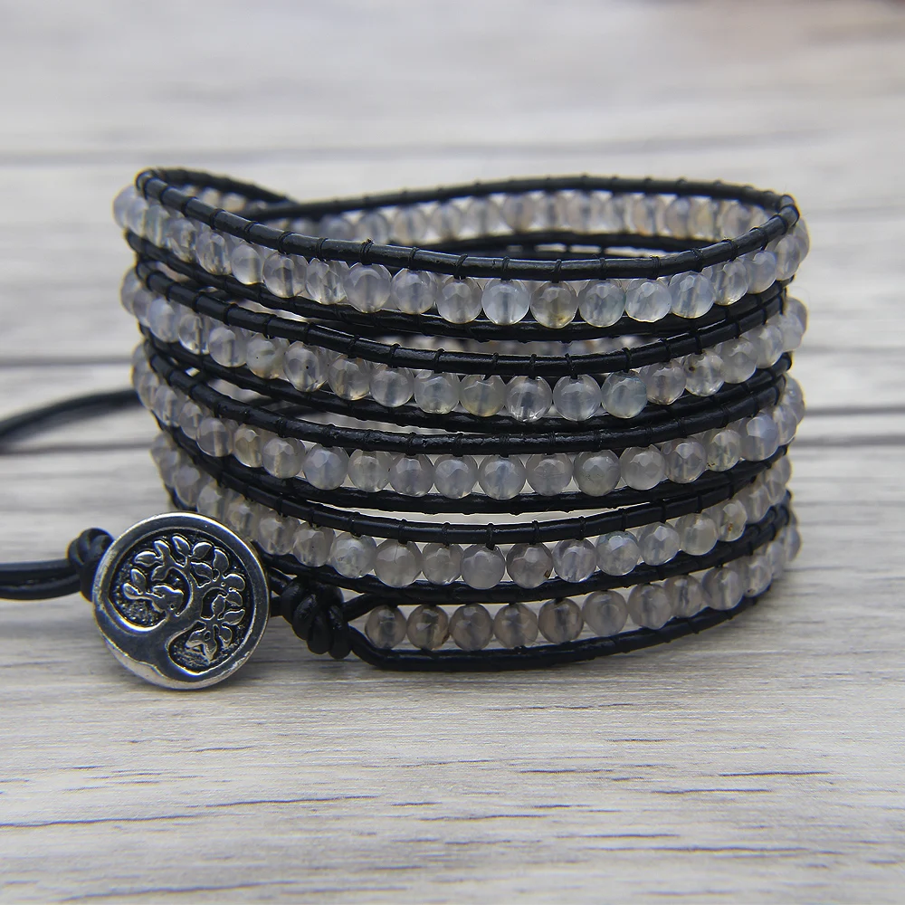 Facted grey bead Jewelry Leather 5 Wrap Beaded Bracelet Grey beads Jewelry Boho Bead Bracelet