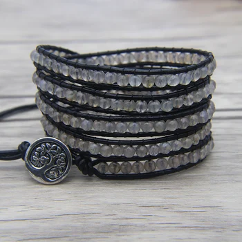 

Facted grey bead Jewelry Leather 5 Wrap Beaded Bracelet Grey beads Jewelry Boho Bead Bracelet Black Leather Bracelet Men Jewelry