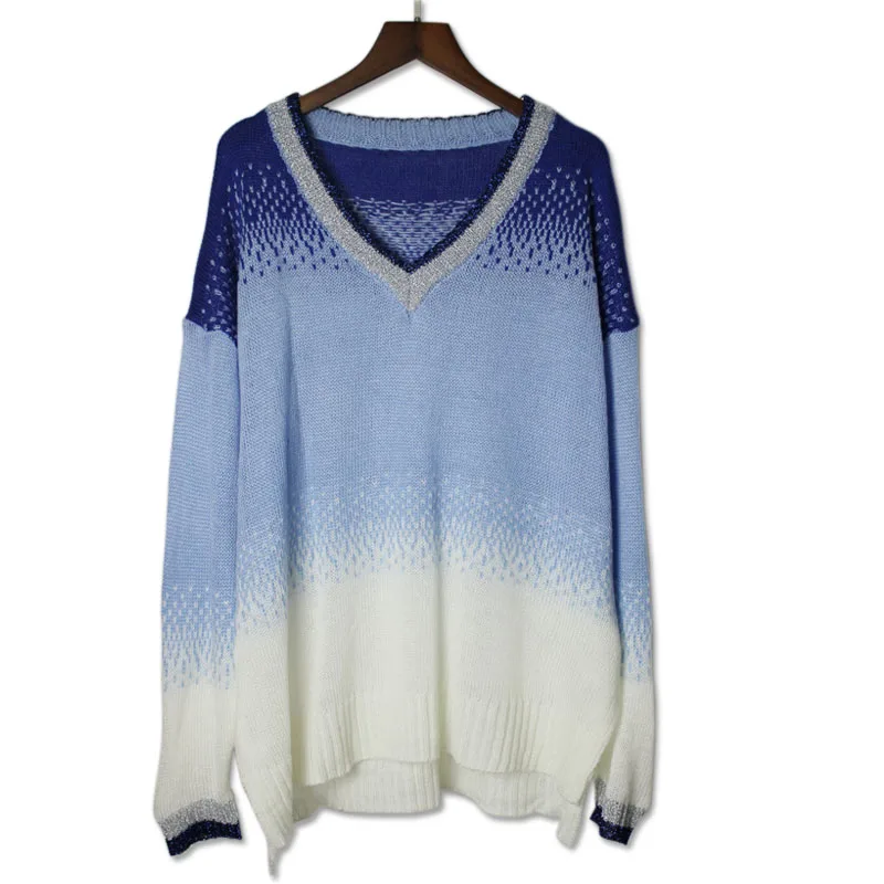 

Gradient Color Thin Sweaters Crochet Woman Casual V-Neck Pullovers Oversized Long Sleeve Tops Mujer Femme Knitted Jumper