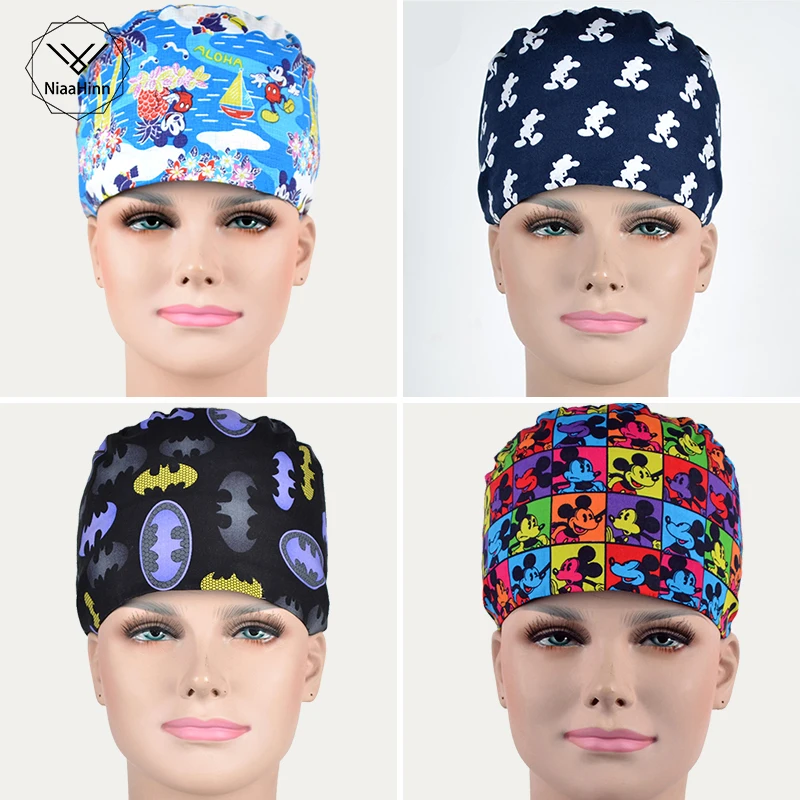

Woman's Scrub Hats Cartoon Printed Doctor Nurse Working Cap Pharmacy Dentist Medical Accessories Cotton Material Surgical Caps