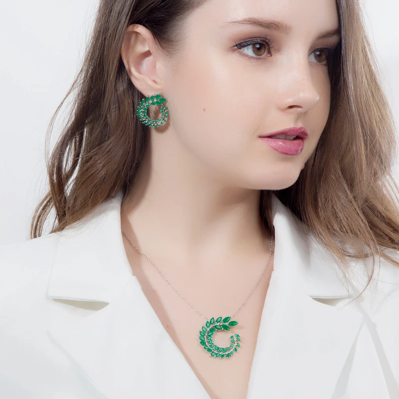 Pera модный серебряный цвет большой лист форма зеленый фианит кулон ожерелье серьги кольцо Набор для женщин вечерние J267