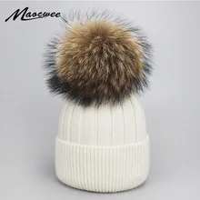 Kız kadın kış yün bere kap gerçek rakun kürk Pom Pom ebeveyn-çocuk örme şapka çekirdek iplik sıcak rahat skullies Beanies kemikleri(China)