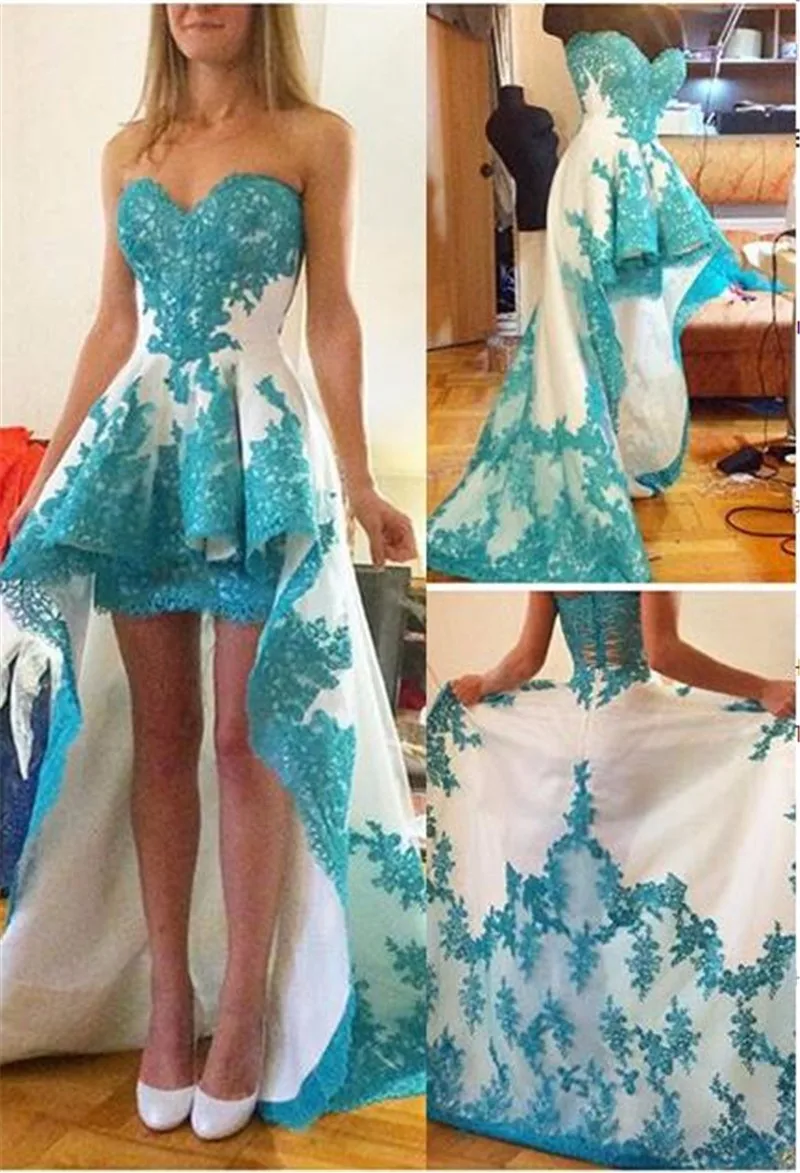 blue green Sexy Short Front Long Back Lace Evening Dresses Appliques