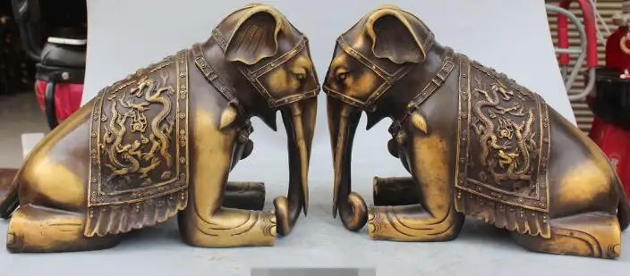 

S4385 Chinese Pure Bronze Carving Auspicious Animal Dragon Elephant Wealth Statue Pair