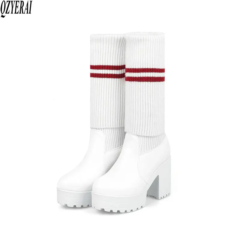 

QZYERAI European-style Elastic Knitting Wool Boots Warm and Thick Pile Boots Wear-resistant and Comfortable Women's Shoes