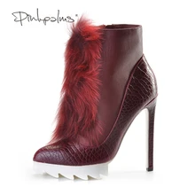 Розовые ладони женские ботильоны Botas Высокий каблук Лето/Осень/Весна обувь меха лисы женская обувь красного цвета ботинки на платформе