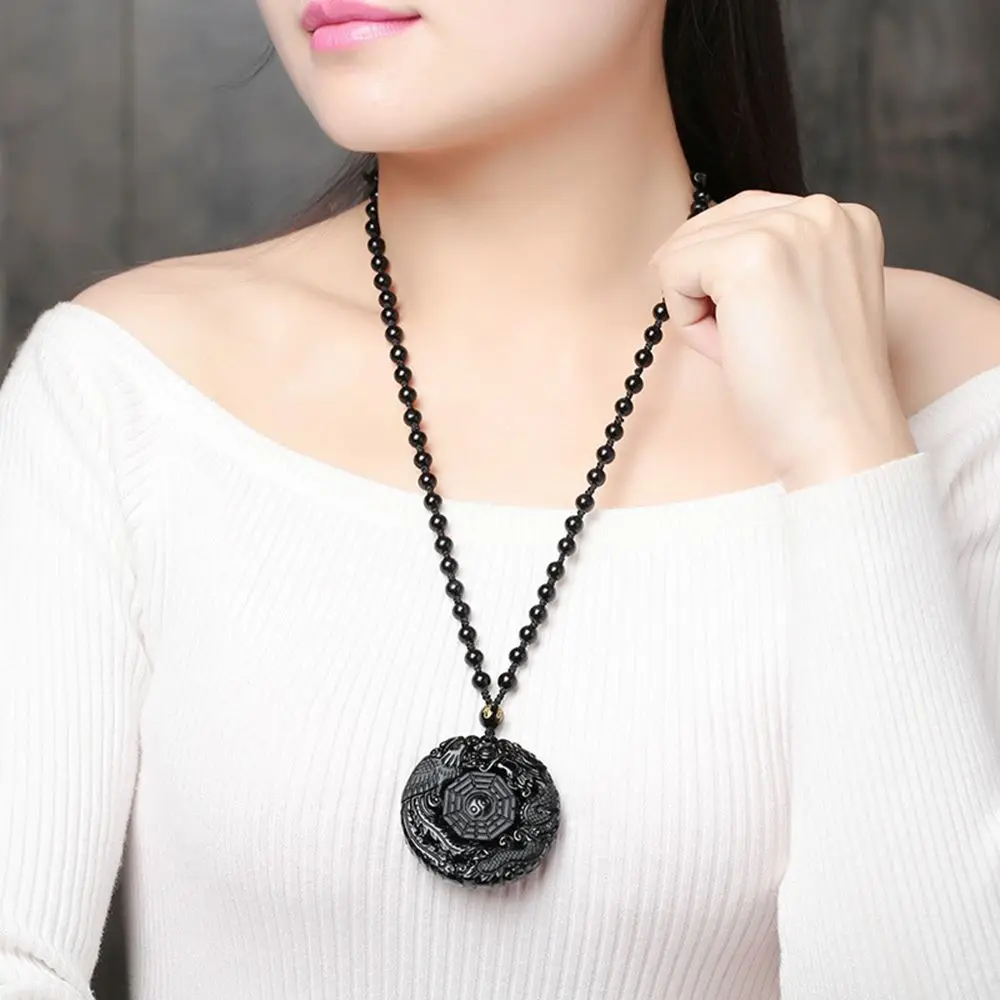 Beads Necklace Chinese Natural Obsidian Carved TaiJi BaGua Lucky Amulet Pendant