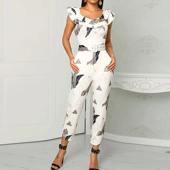 

Sashes Ruffles Shoulder Jumpsuits Leaf Print Layered Ruffle Split Leg Jumpsuit with Belt Summer Sexy Rompers