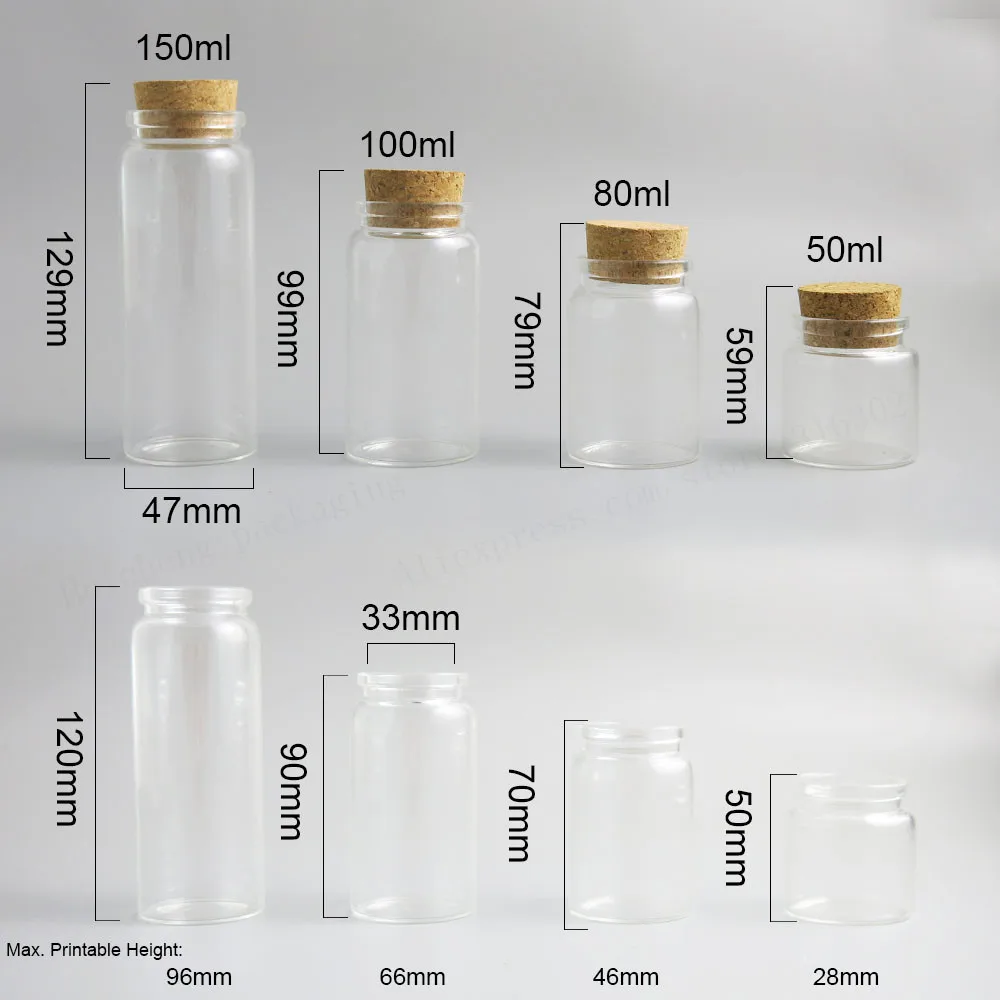 2 x Transparent 50ml 80ml 100ml 150ml Big glass bottle with wood cork 