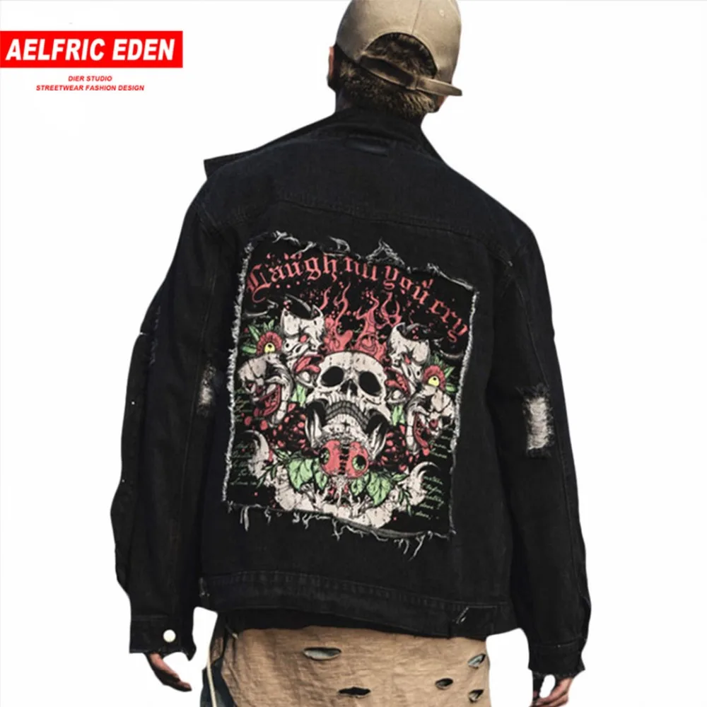 Aelfric Eden Men Punk Black Denim Jacket Skulls Print Patch Designs