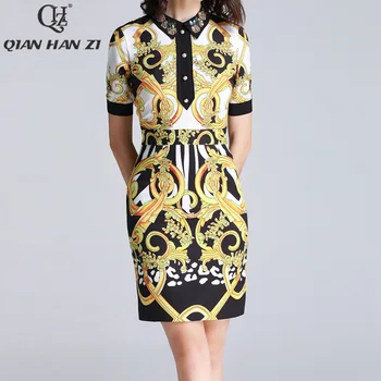 

Qian Han Zi 2020 Newest Fashion runway summer dress Women's short sleeves pattern Print vintage beaded sequins bodycon dress