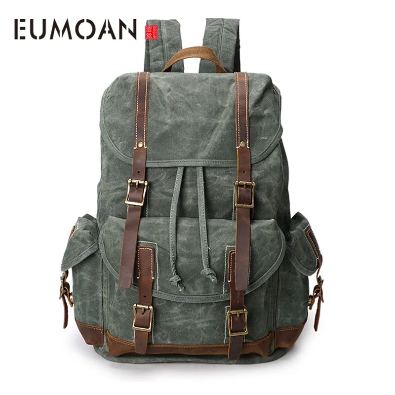 

EUMOAN Canvas Leather Backpacks Men Women 14" Laptop Daypacks Waterproof Canvas Rucksacks Waxed Travel Back Packs