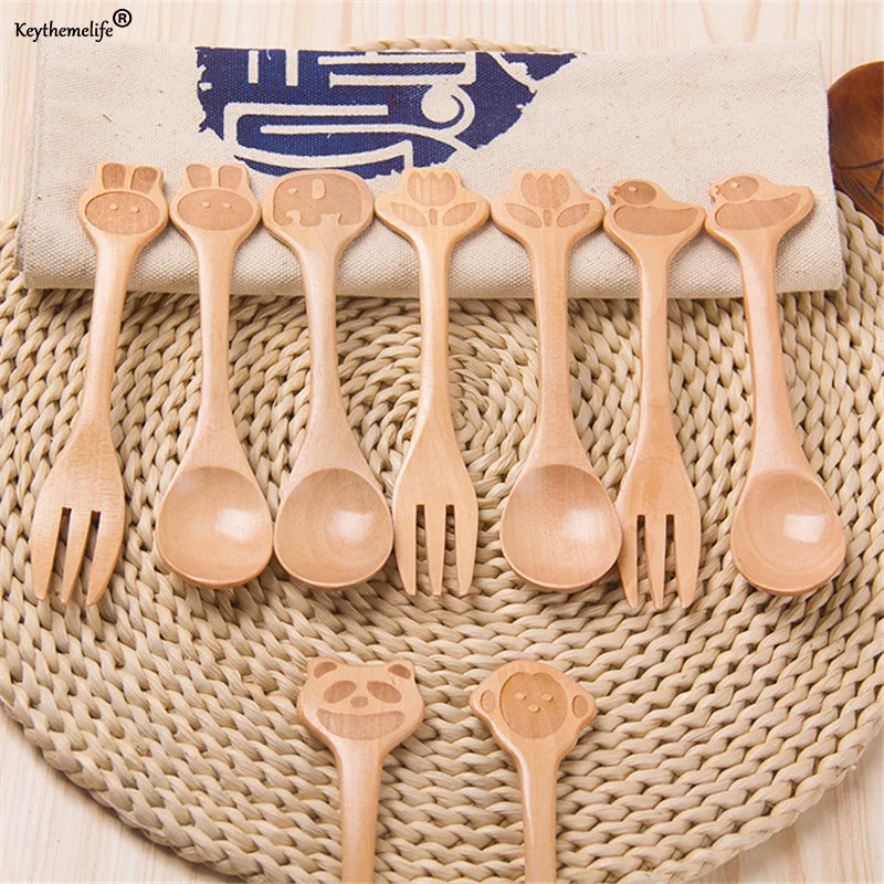 

2pcs/set Cartoon Wood Dinnerware set Kid Spoons Forks Kid Children Tableware 3B
