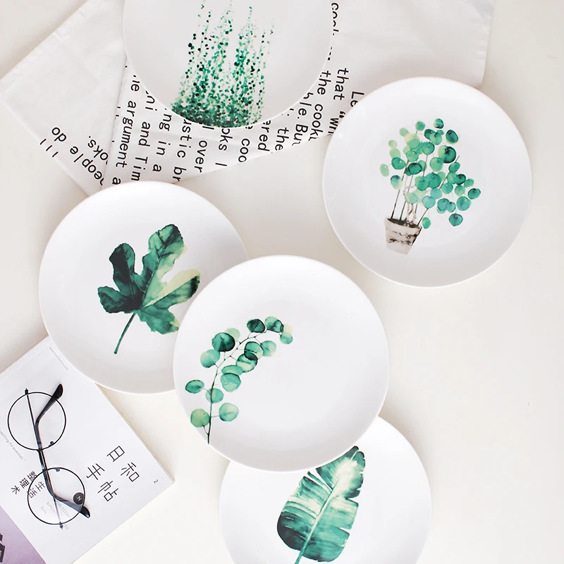 US $79.99 6 Pcs Set 8 10 Inch Ceramic Dinner Set Dinnerware Appetizer Plate Tableware Green Plants Dessert Cake Dinner Plates