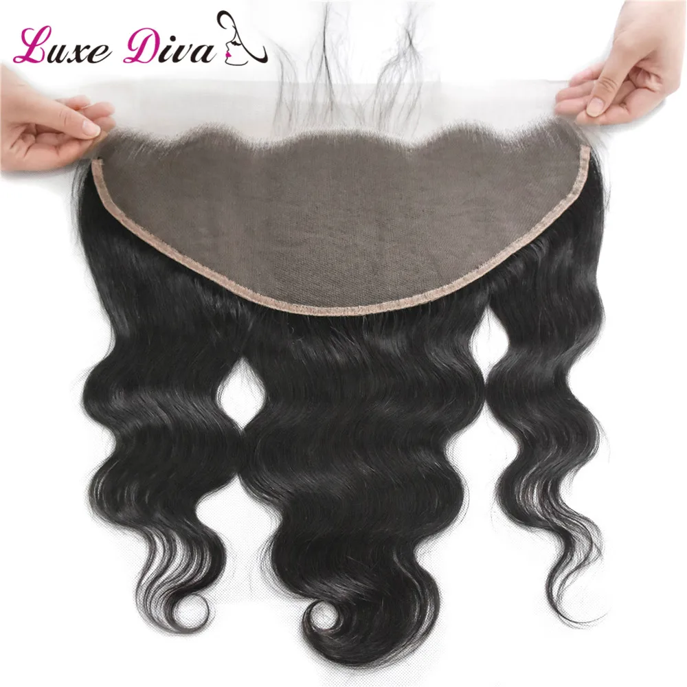 LUXE DIVA Body Wave Brazilian Remy Human Hair Frontal Pre Plucked Free Part Ear to Ear 13x6 Lace Frontal Closure With Deep Part