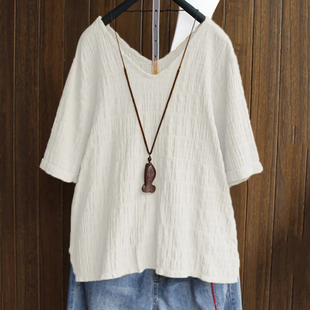 

T Shirt Women Vintage Solid Color Summer Tees Tops V-Neck Short Sleeve T-Shirt Loose Tops Women Tshirt camisetas verano mujer