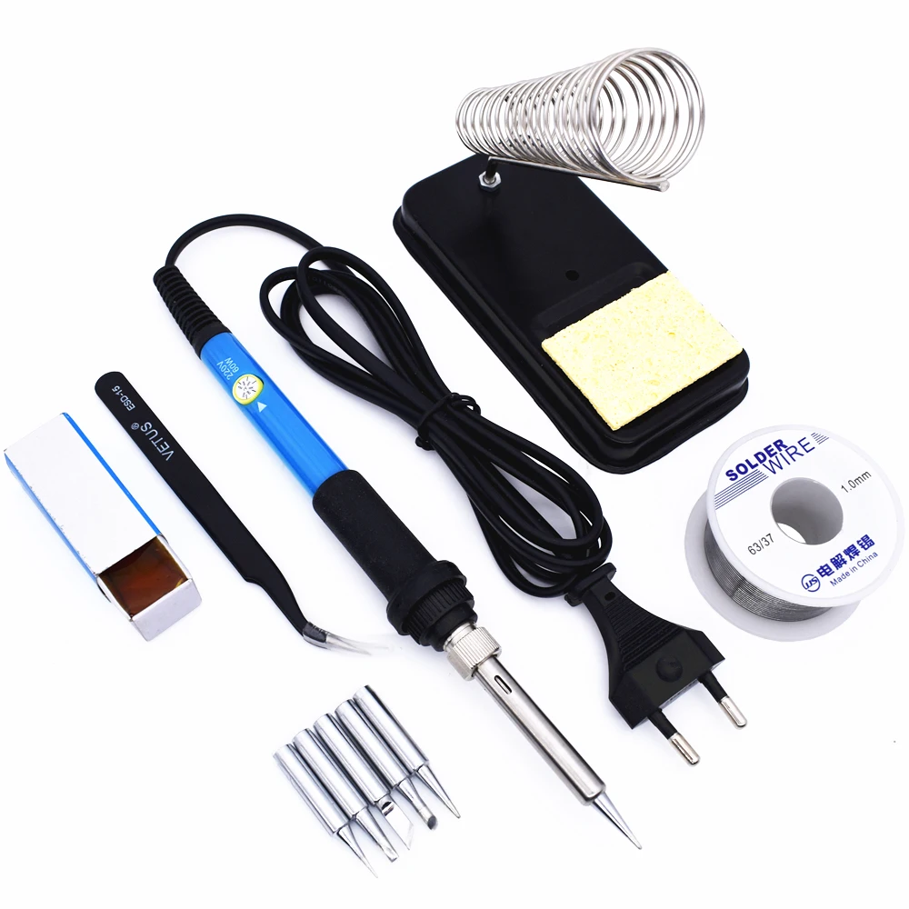 6Pcs 60W 220V Eu Plug Thermostatic Electric Soldering Iron Set with Iron Stand Solder Wire Rosin Iron Tips Tweezers Welding Tool 6Pcs 60W 220V Eu Plug Thermostatic Electric Soldering Iron Set with Iron Stand Solder Wire Rosin Iron Tips Tweezers Welding Tool