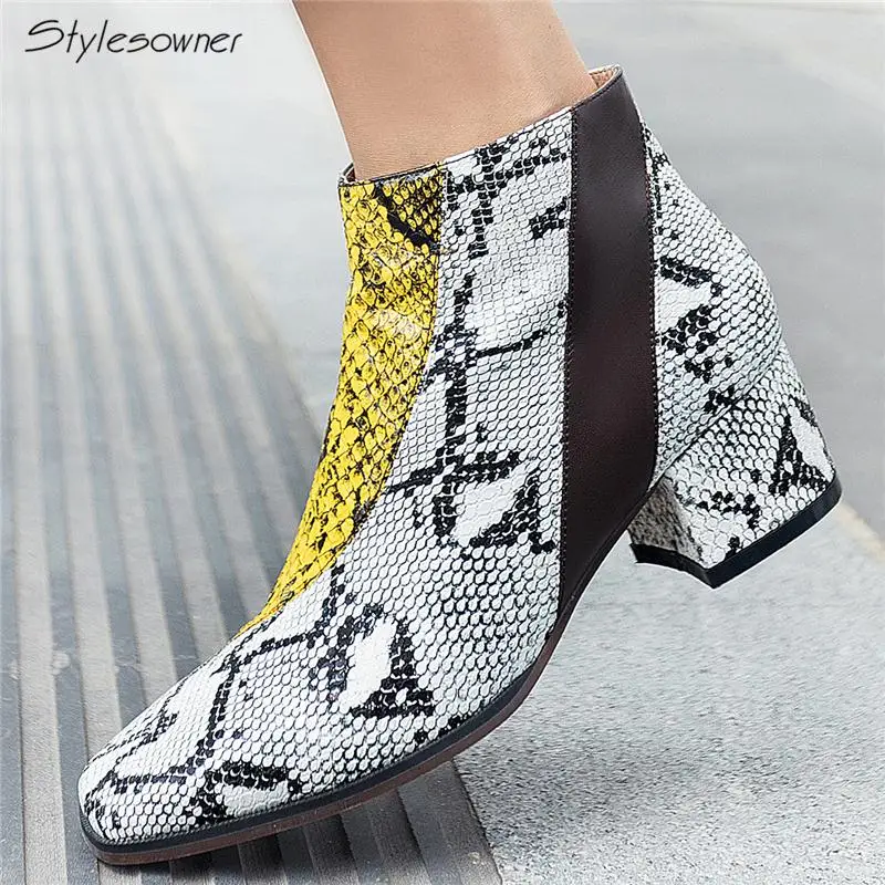 

Stylesowner Women Snake Pattern Ankle Boots Zipper Square Toe Short Booties Chunky High Heel Zapatos Mujer Patchwork Boots 2018