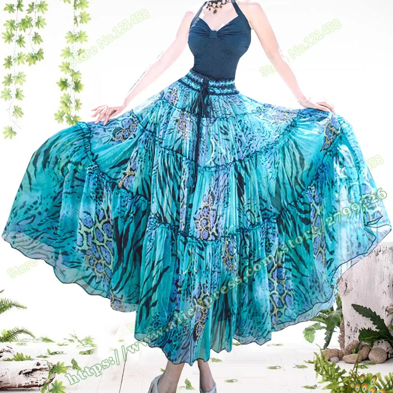 

2018 Summer Bohemian Chiffon Floral Gypsy boho female Maxi Long tulle skirt / two piece set Beach pleated plissee skirt womens