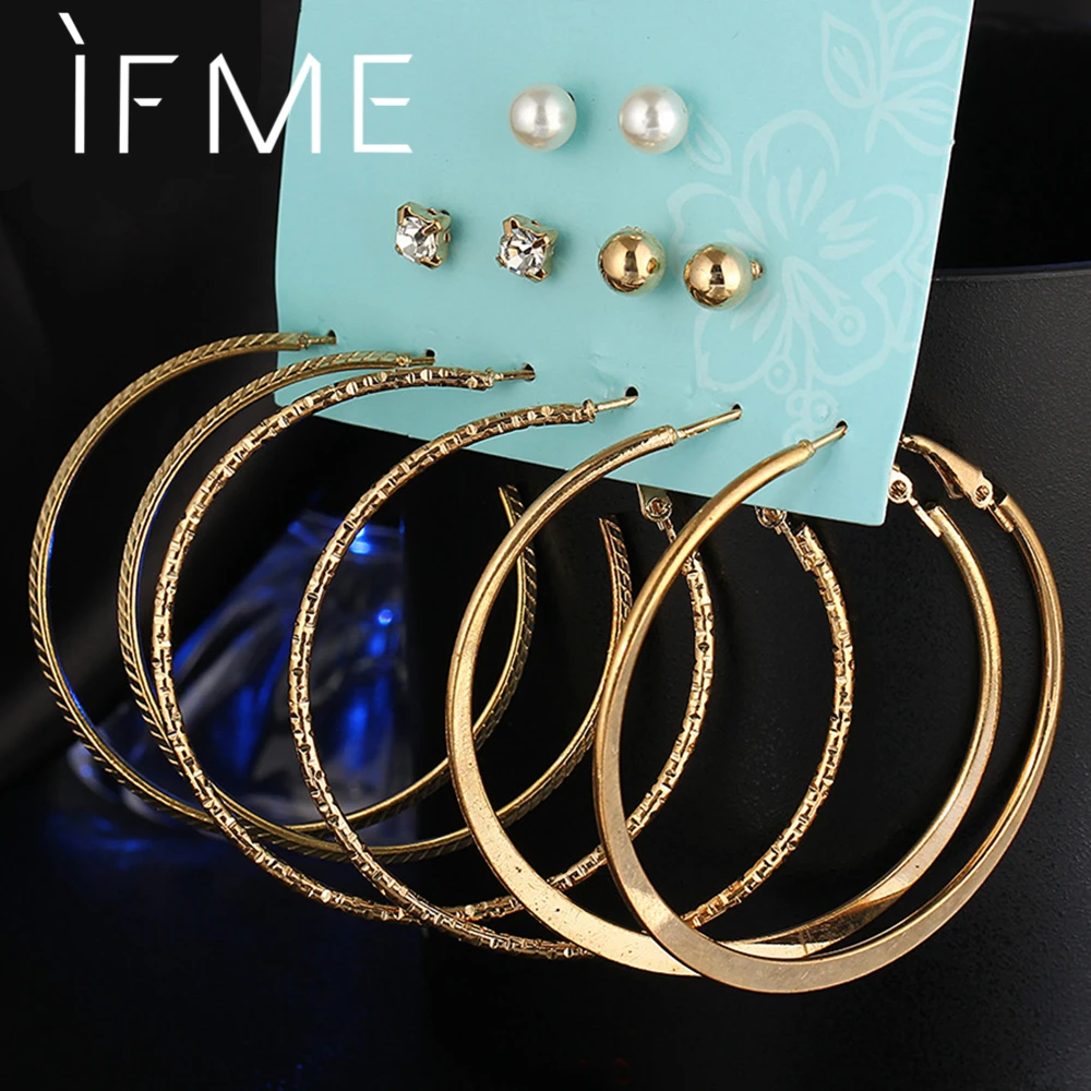 

IF ME Crystal Stud Earrings for Women Gold Silver Color 6 Pairs/Set Trendy Circle Beads Ear Piercing Studs Brincos Charm Jewelry