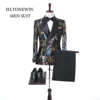 

2020 New Brand Bridegroom Men Suit With Pants Fashion Printed Double Breasted Tuxedo Prom Men Suit Slim Fit For Wedding Blazer