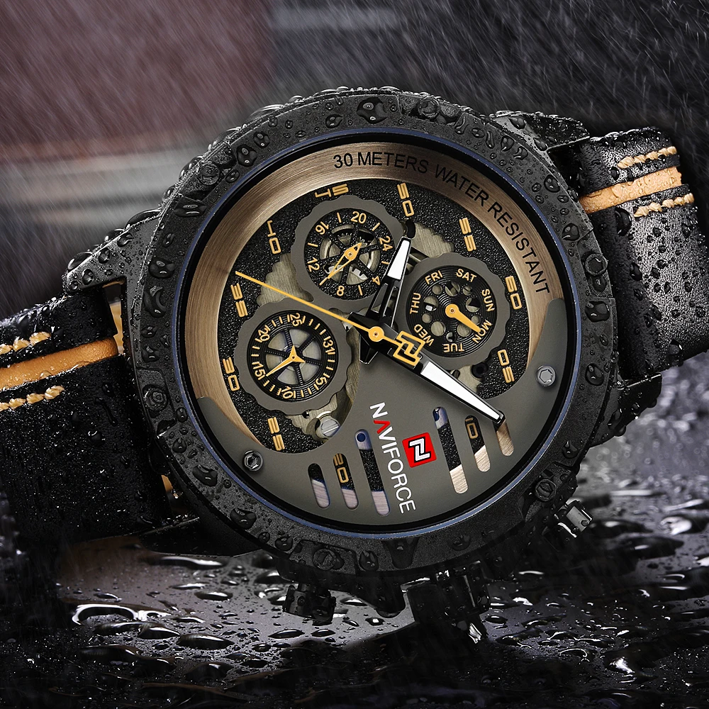 NAVIFORCE мужские часы из натуральной кожи, спортивные наручные часы для мужчин, лучший бренд класса люкс, водонепроницаемые, 24 часа, дата, кварцевые часы, reloj hombre