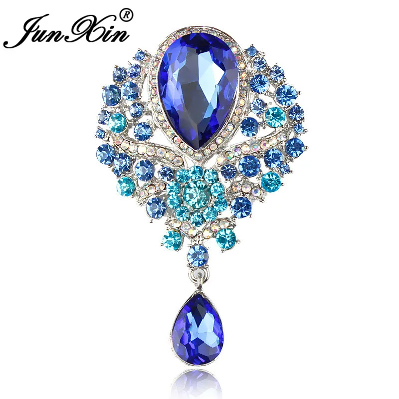JUNXIN, роскошные радужные броши с кристаллами в форме капли воды для женщин, серебряный цвет, металл, Синие стразы, брошь на булавке, свадебные украшения
