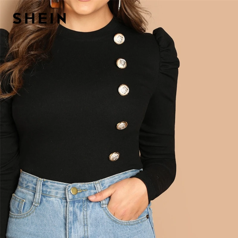 SHEIN Элегантный Джемпер С Длинными Рукавами, Джемпер С Декоративными Пуговицами, Блуза С Оригинальными Рукавами