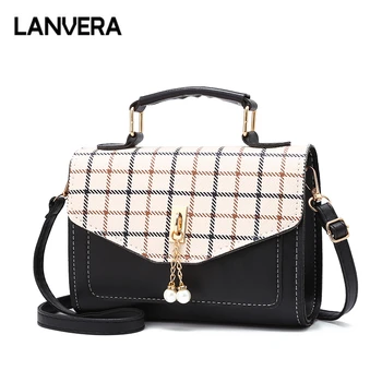 

LANVERA brand women solid plaid totes chains pearl flap handbag hotsale lady evening purse crossbody shoulder messenger bags