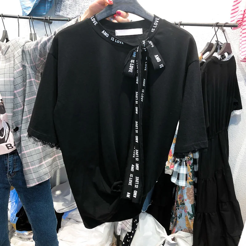 

Letter printing ribbon bow T-shirt 2018 new summer leisure T-shirt all-match short sleeved lace stitching tops tees