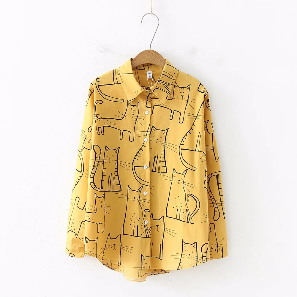 2019 New Arrival Cartoon Cat Print Button Up Blouse Long Sleeve Turn Down Collar Shirt Sweet Girls Loose Plus Size Top T93905F 2
