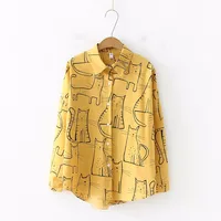 2019 New Arrival Cartoon Cat Print Button Up Blouse Long Sleeve Turn Down Collar Shirt Sweet Girls Loose Plus Size Top T93905F 2