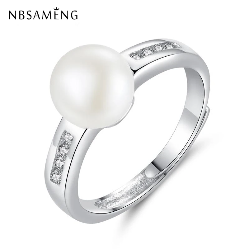 

Authentic 925 Sterling Silver Genuine Natural Freshwater Pearl Crystal Adjustable Rings Rings 8-9mm Pearl Women Bague Jewelry