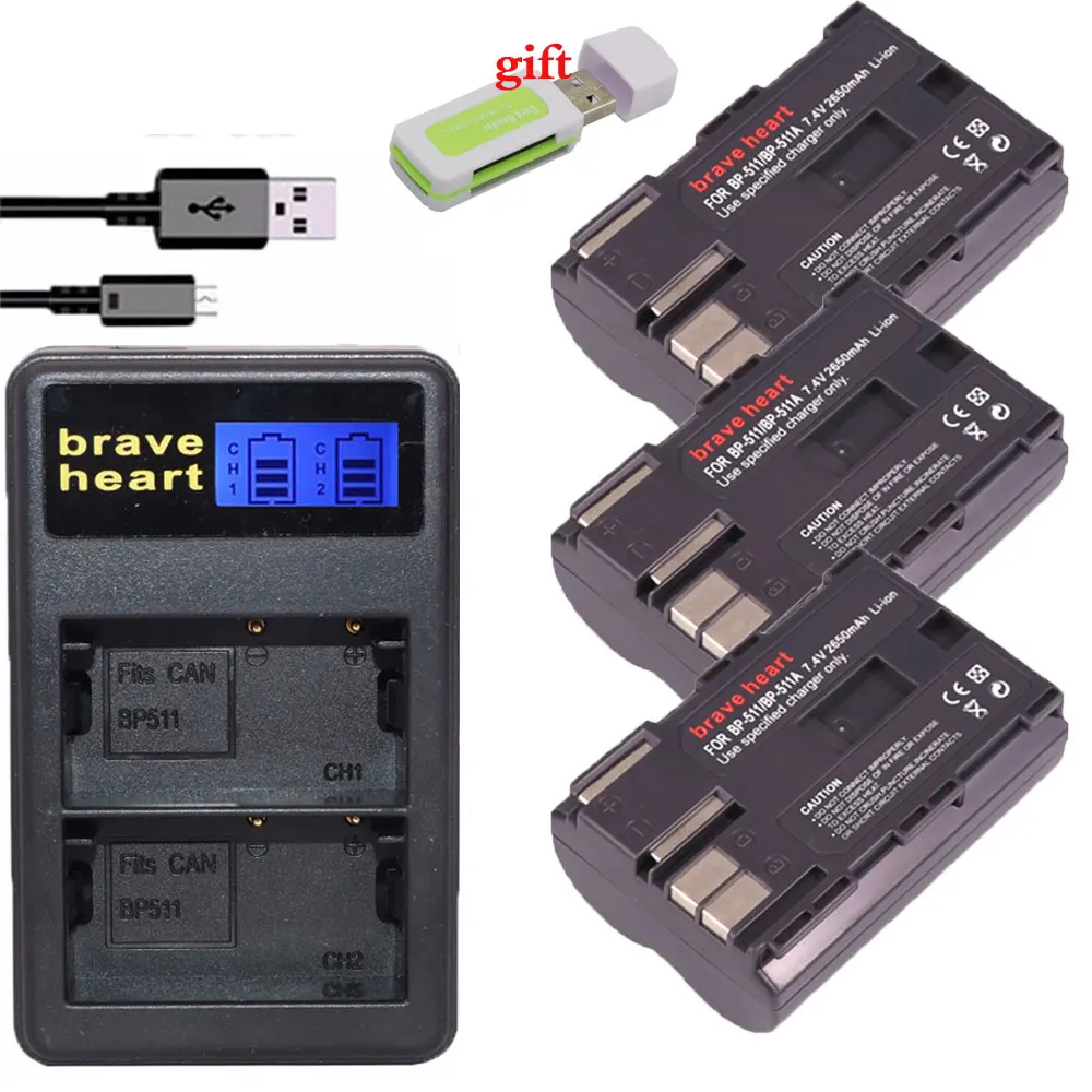 3 шт. батарея BP-511 BP 511 BP511 BP511A BP-511A батарея для цифровой камеры+ ЖК USB зарядное устройство для Canon EOS 40D 300D 5D 20D 30D 50D - Цвет: charger and 3battery