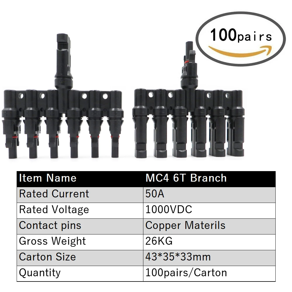 

100 Pairs / Carton 6T Branch parallel connect 6 branch Electrical MC4 Connector Photovoltaic Solar Panel Cable Wire Connection