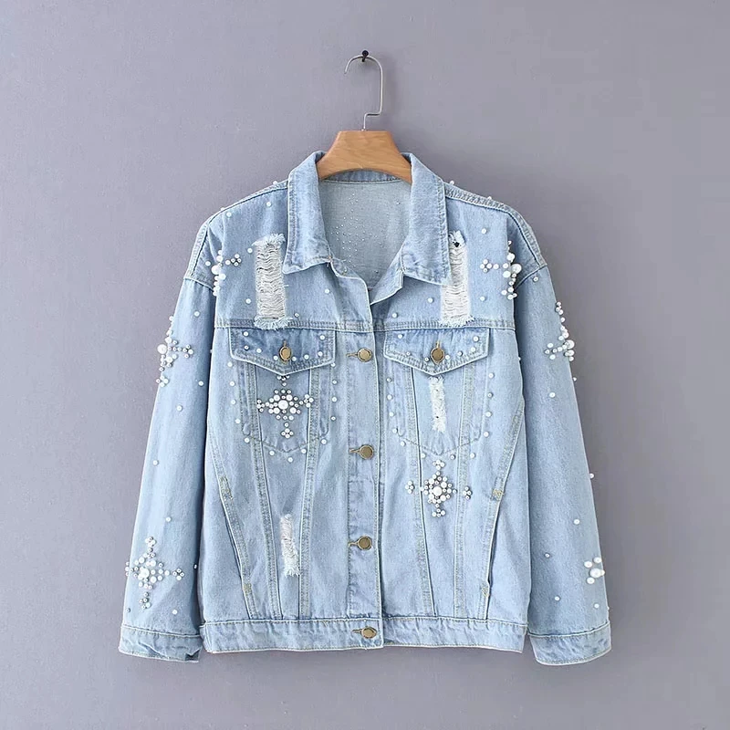 

Women Beading Hole Decoration Denim Coat Leisure Long Sleeve Loose tops 2019 fashion Female Outerwear C663