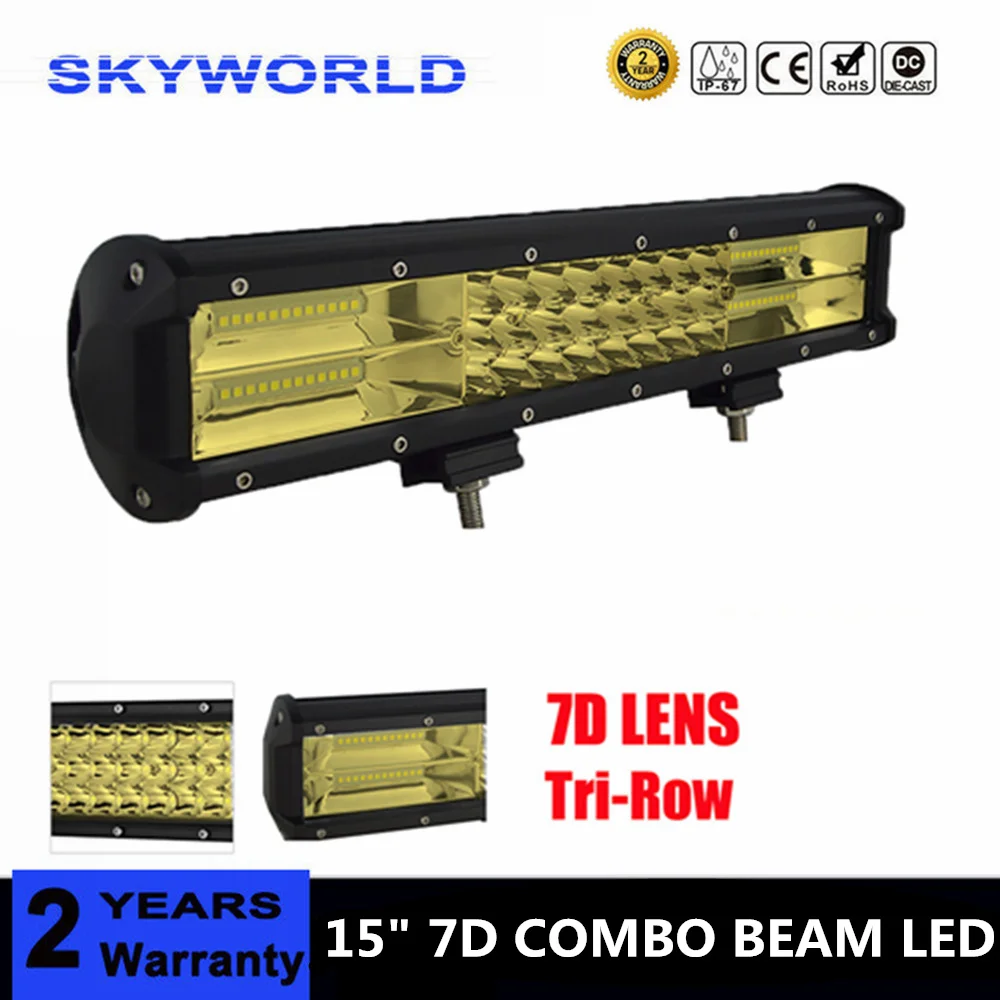 

15'' 3-ROW 7D LENS OFFROAD YELLOW LED LIGHT BAR FOR FORD 12V 24V CAR TRUCK SUV BOAT ATV 4X4 4WD TRAILER PICKUP DRIVING LED LAMP